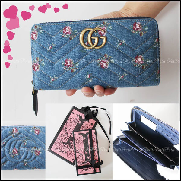 GUCCI グッチ マーモント GG デニム 刺繍 ラウンドジップ 長財布 