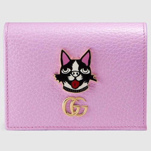 【グッチ】レザーグッチシマ キャット猫 iPhone7/8/SEケース Pink グッチ 499325 ピンクレザー 猫モチーフ カードケース ボストンテリア