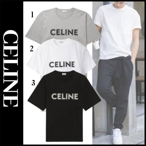セリーヌオム スタッズロゴプリントコット 3色 ンジャージーTシャツ