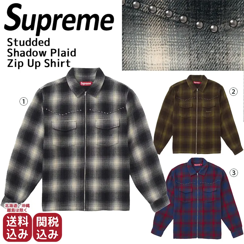 Supreme スタッズ付き チェック柄 ジップアップシャツ XL Supreme チェック柄 ジップアップポロシャツ Supreme スタッズ付き
